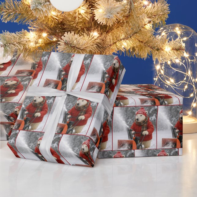 Christmas Polar Bear Pushing a Snowblower Wrapping Paper (Holidays)