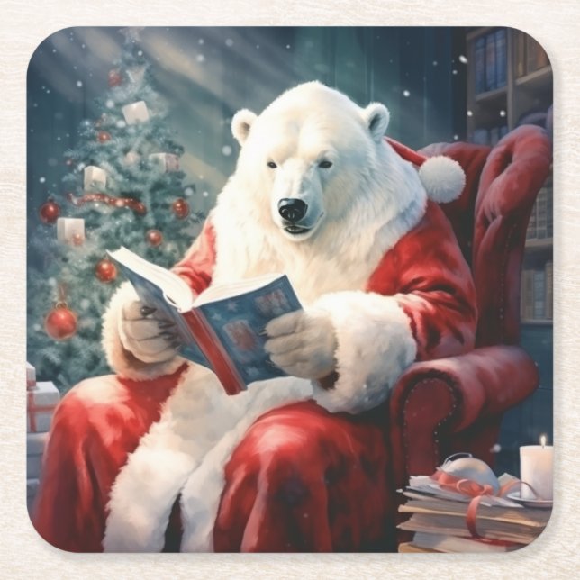 Christmas Polar Bear reading Square Paper Coaster (Front)