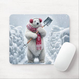 Christmas Polar Bear Shoveling Snow Mouse Pad