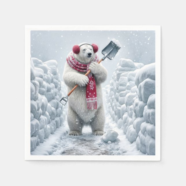 Christmas Polar Bear Shoveling Snow Napkins (Front)