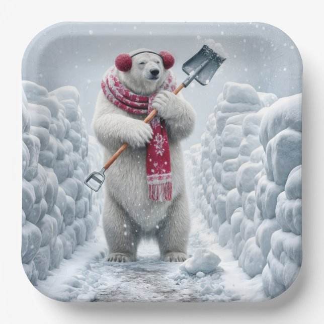 Christmas Polar Bear Shoveling Snow Paper Plates (Front)