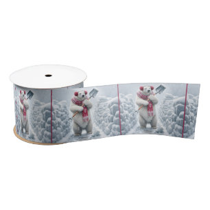 Christmas Polar Bear Shoveling Snow Satin Ribbon