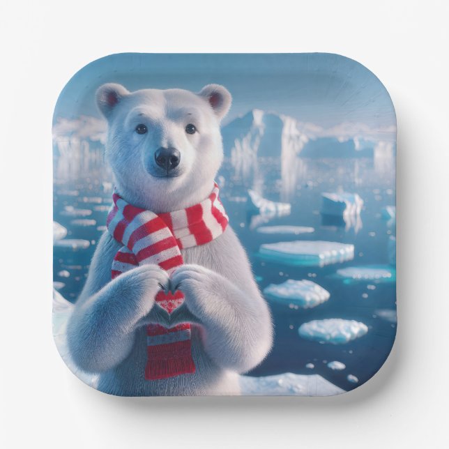 Christmas Polar Bear With a Heart Paper Plates (Front)