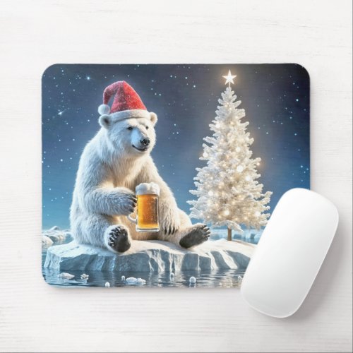 Christmas Polar Bear With Beer Mouse Pad