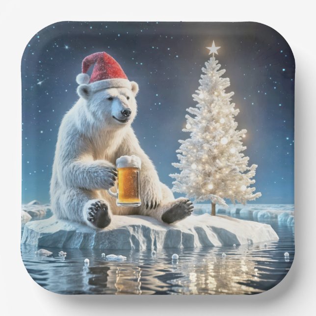 Christmas Polar Bear With Beer Paper Plates (Front)