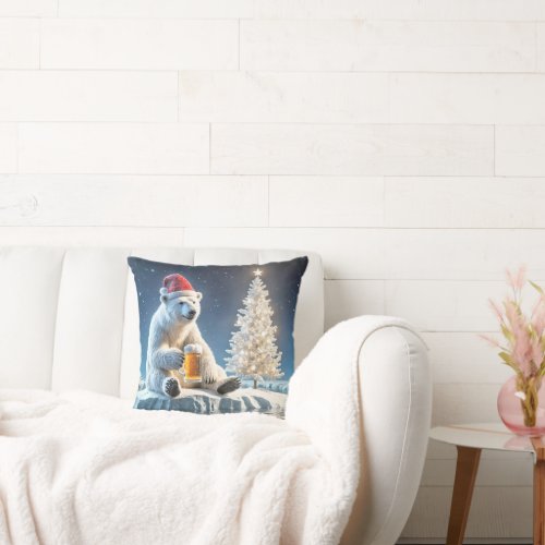 Christmas Polar Bear With Beer Throw Pillow