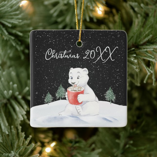Christmas Polar Bear With Hot Cocoa Ceramic Ornament (Tree)