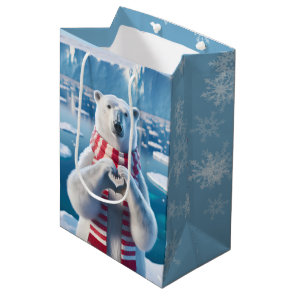 Christmas Polar Bear With Paws In Heart Shape Medium Gift Bag