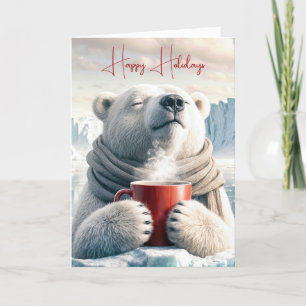 Christmas Polar Bear With Red Coffee Mug Holiday Card