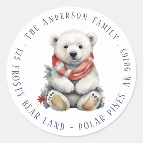 Christmas Polar Bear with Red Scarf Return Address Classic Round Sticker