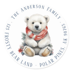 Christmas Polar Bear with Red Scarf Return Address Classic Round Sticker