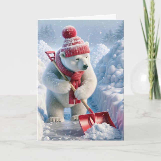 Christmas Polar Bear With Red Shovel Holiday Card (Front)