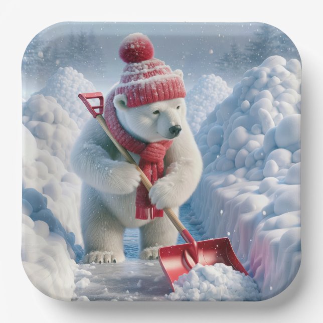 Christmas Polar Bear With Red Shovel Paper Plates (Front)