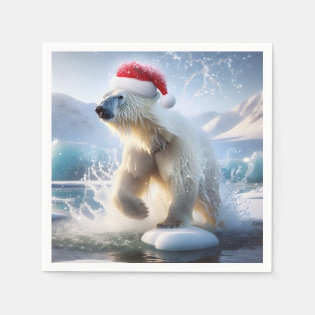 Christmas Polar Bear With Santa Cap Napkins (Front)
