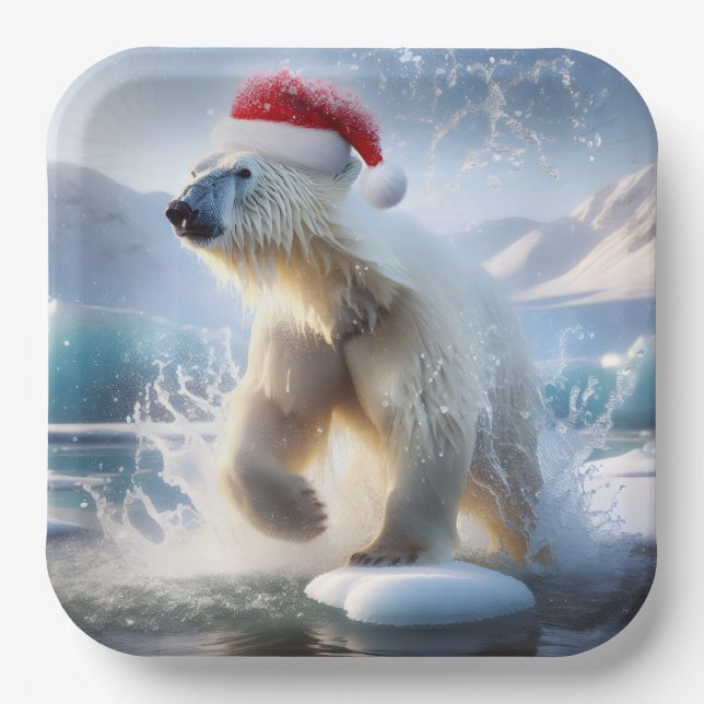 Christmas Polar Bear With Santa Cap Paper Plates (Front)