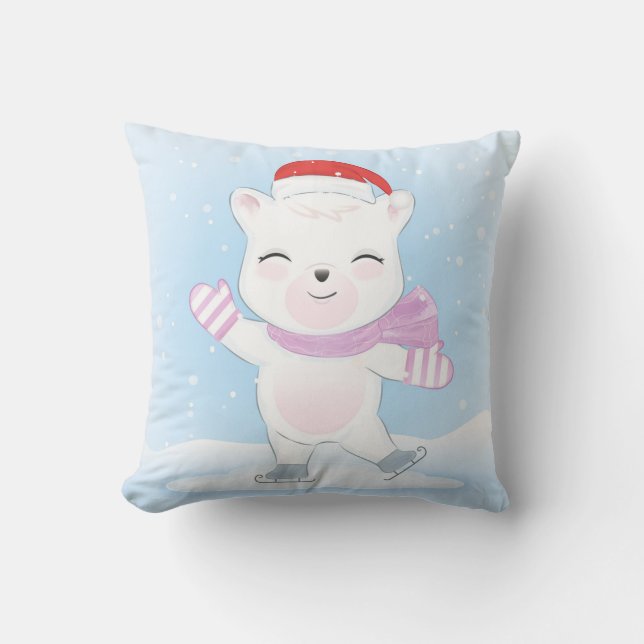 Christmas Polar Bear with Santa Hat in Snowfall Throw Pillow (Front)