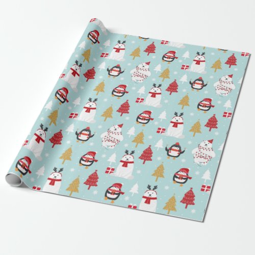 Christmas Polar Bears and Penguins Wrapping Paper