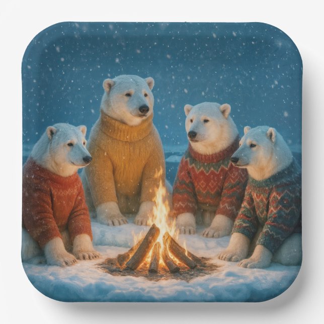 Christmas Polar Bears Around a Bonfire Paper Plates (Front)