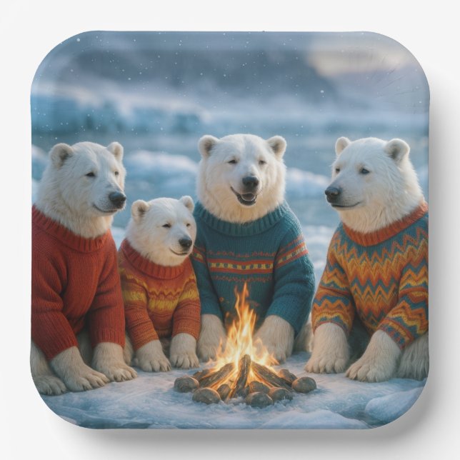 Christmas Polar Bears Around a Bonfire Paper Plates (Front)