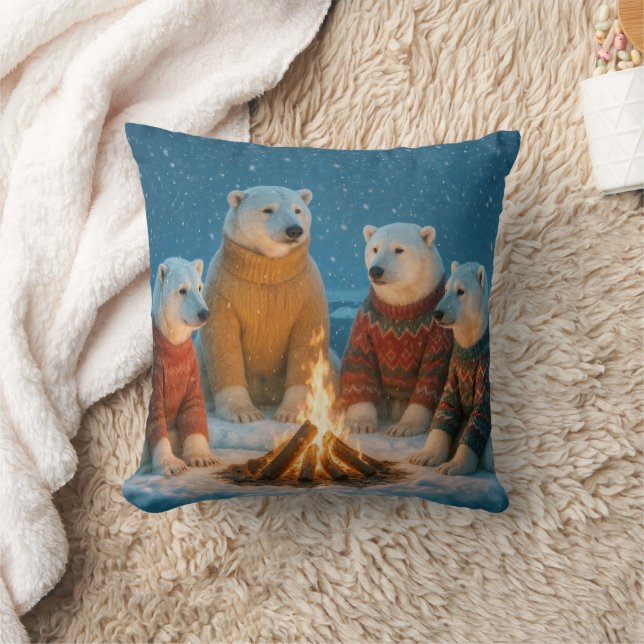 Christmas Polar Bears Around a Bonfire Throw Pillow (Blanket)