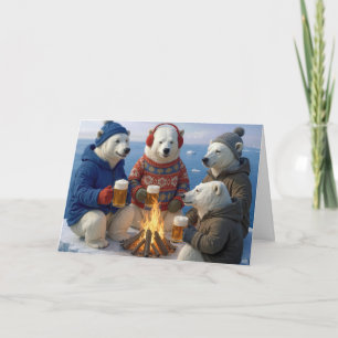 Christmas Polar Bears Drinking Around a Campfire Holiday Card