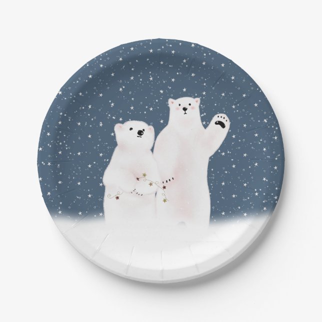 Christmas Polar Bears In Snowflakes Paper Plates (Front)