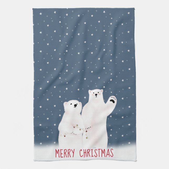 Christmas Polar Bears On Stars Kitchen Towel (Vertical)