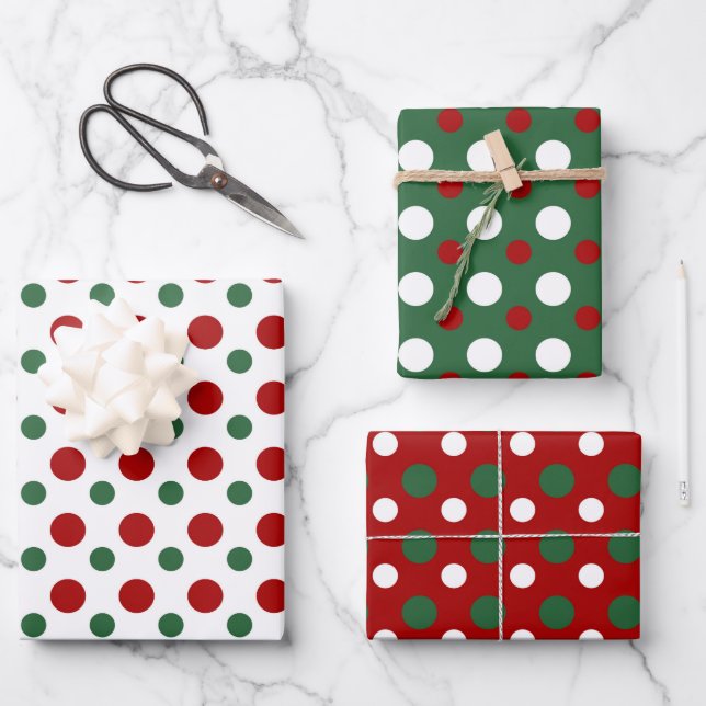 Christmas Polka Dots Pattern Red Green White Gift Wrapping Paper Sheets (Front)