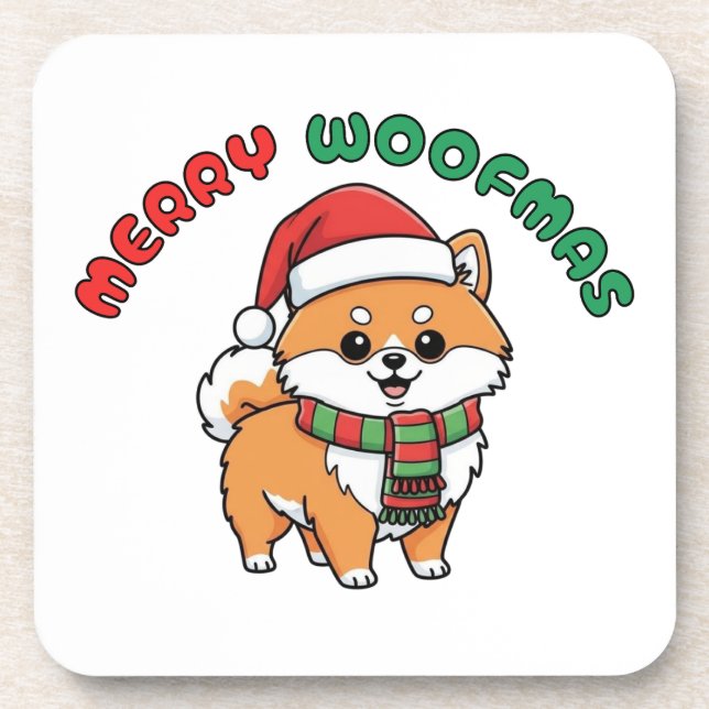 Christmas Pomeranian Coaster: Merry Woofmas Beverage Coaster (Front)