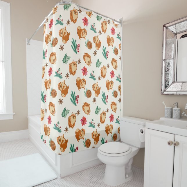 Christmas Pomeranian Dog, Foliage and Berries Shower Curtain (In Situ)