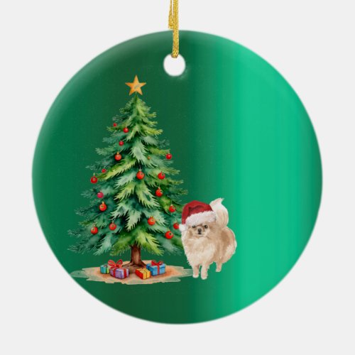 Christmas Pomeranian Dog Green Merry Greeting Ceramic Ornament
