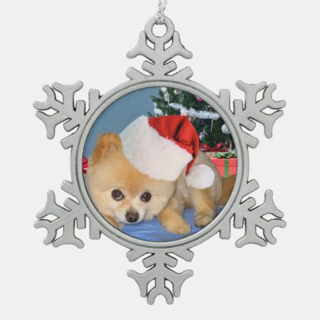 Christmas, Pomeranian Dog, Santa Hat Snowflake Pewter Christmas Orname