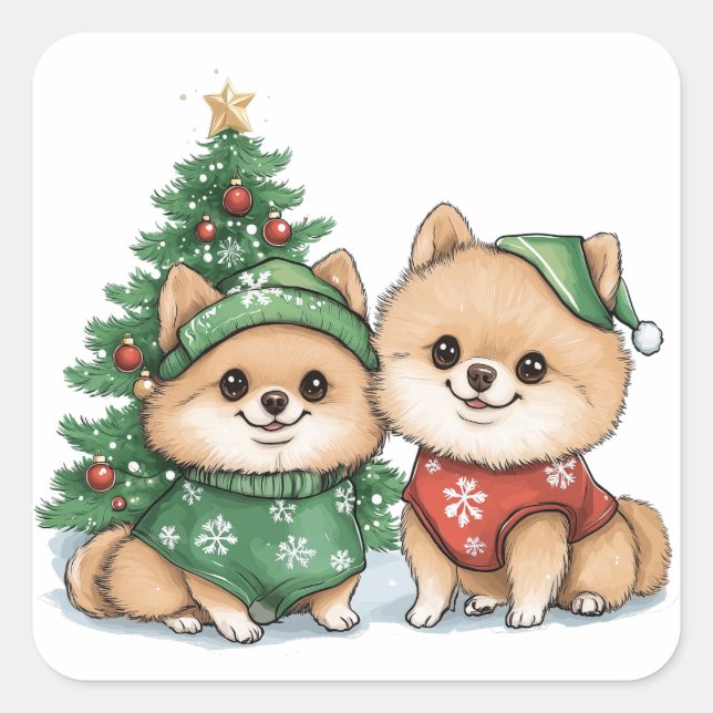 Christmas Pomeranian Dogs Square Sticker (Front)