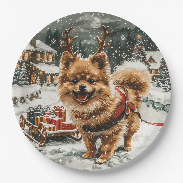 Christmas Pomeranian Reindeer Dog Paper Plates (Front)