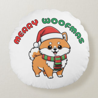 Christmas Pomeranian Round Pillow: Merry Woofmas Pillow