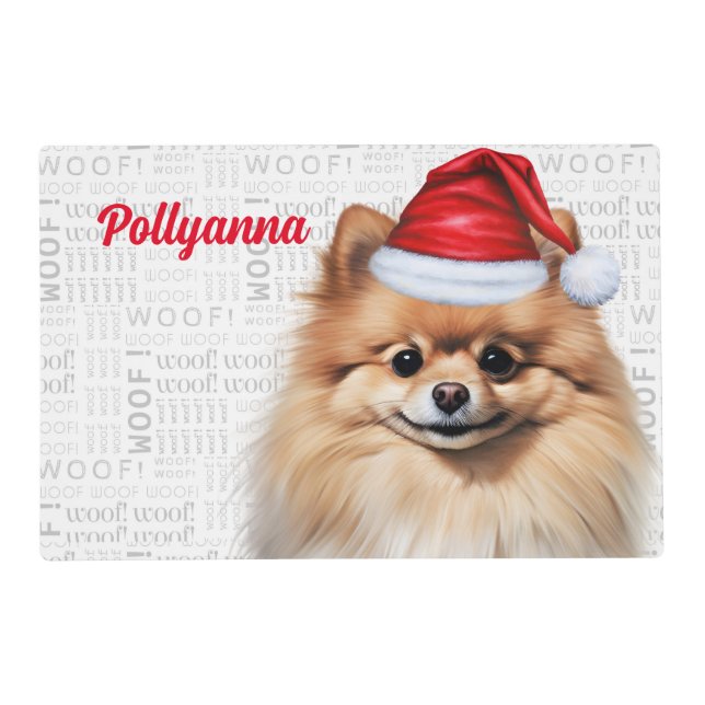 Christmas Pomeranian Santa Dog with Name Pet Placemat (Front)