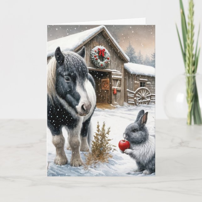 Christmas Pony and Rabbit On a Farm Holiday Card (Front)