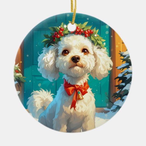 Christmas Poodle Dog Ceramic Ornament