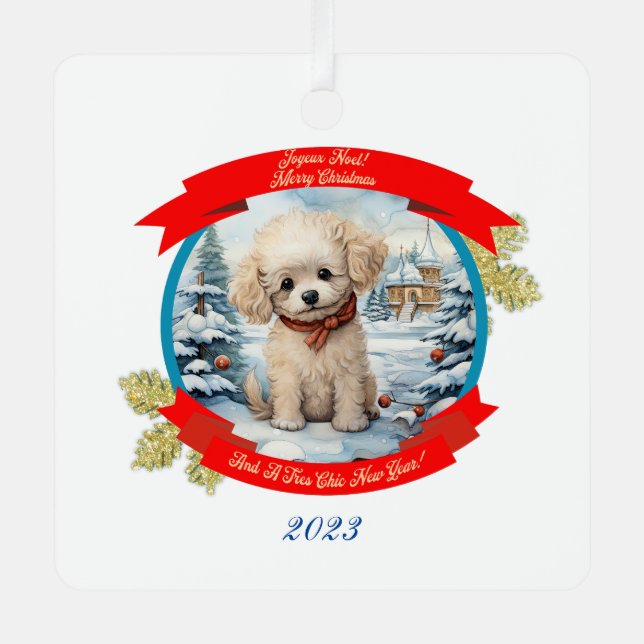 Christmas Poodle Dog  Metal Ornament (Front)