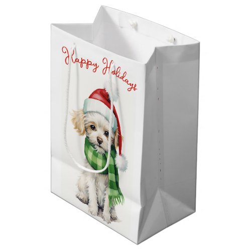 Christmas Poodle Dog With Hat Medium Gift Bag