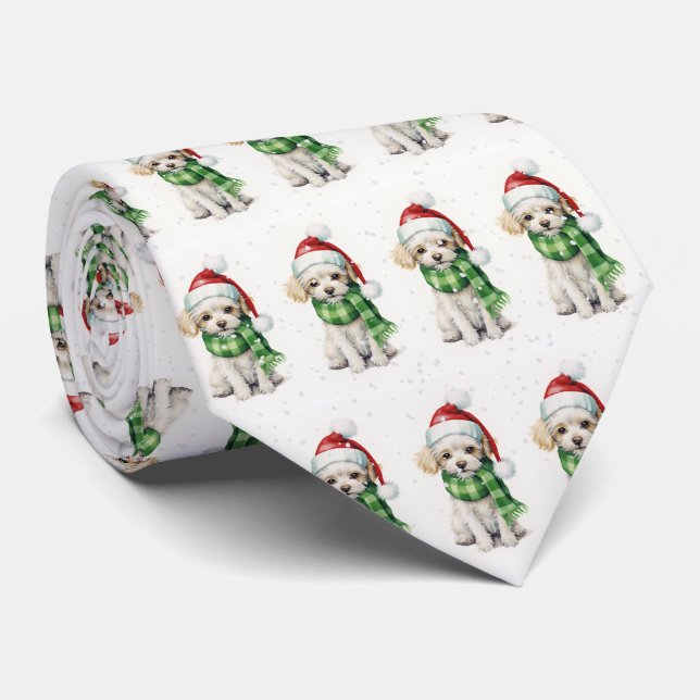 Christmas Poodle In Snowflakes Neck Tie (Rolled)
