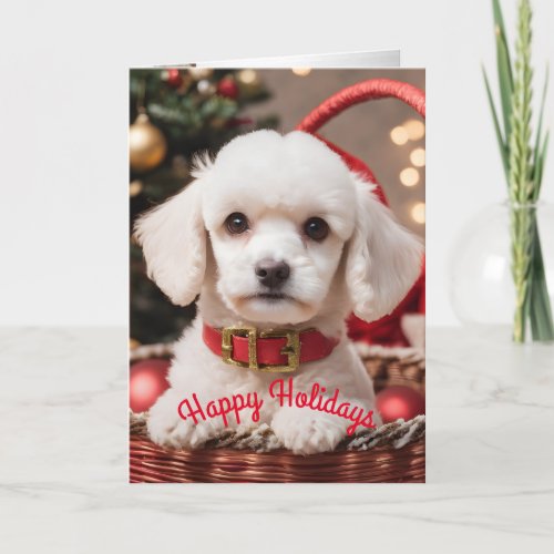 Christmas Poodle puppy in a basket Holiday Card