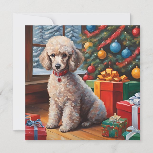 Christmas Poodle with Christmas Tree, Gifts  Holiday Card (Front)