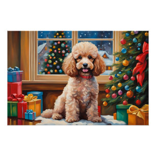 Christmas Poodle with Presents and Christmas Tree Poster