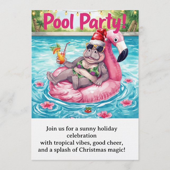Christmas Pool Party  Cute Hippo on Flamingo Float Invitation (Front)