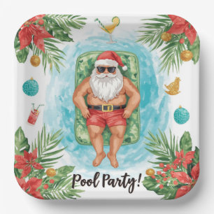 Christmas Pool Party with Santa Claus Paper Plates
