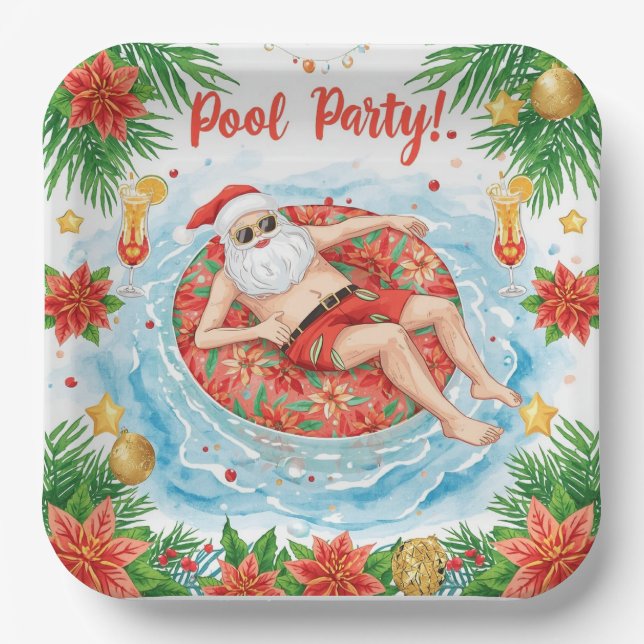Christmas Pool Party with Santa Claus  Paper Plates (Front)