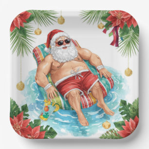 Christmas Pool Party with Santa Claus Paper Plates
