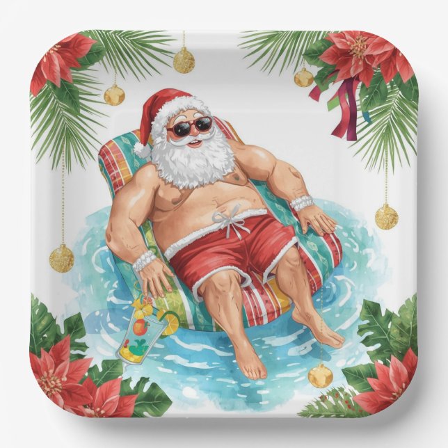 Christmas Pool Party with Santa Claus  Paper Plates (Front)