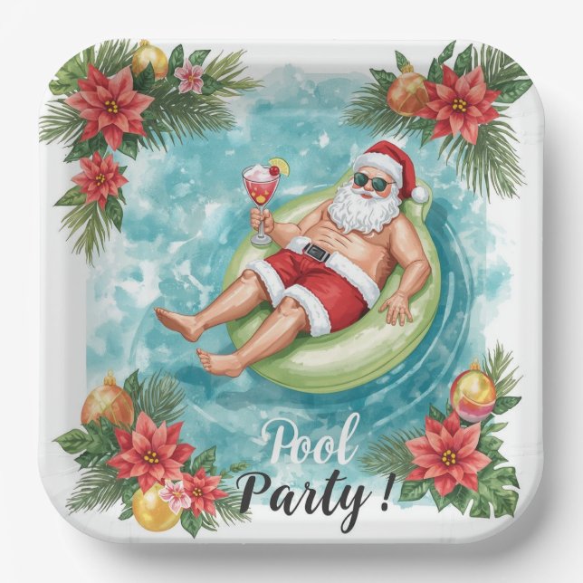 Christmas Pool Party with Santa Claus  Paper Plates (Front)